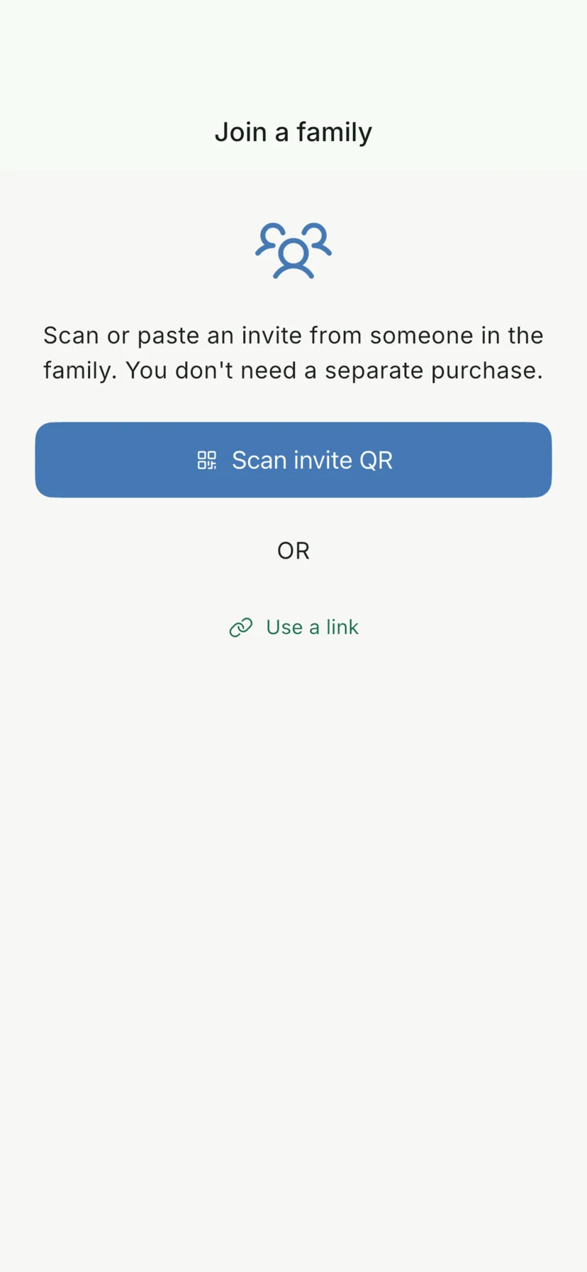 Vaava Join a family screen with Scan invite QR and Use a link options