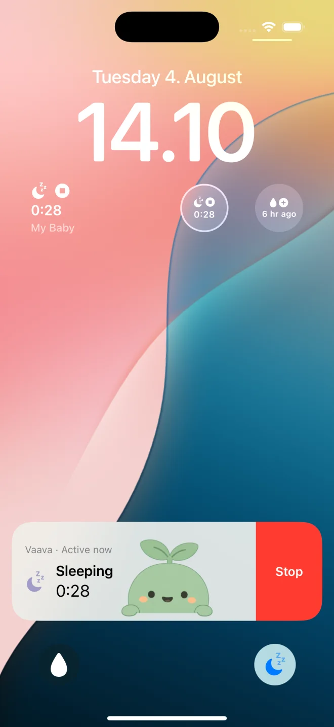 Vaava Lock Screen with an active sleep Live Activity and widgets