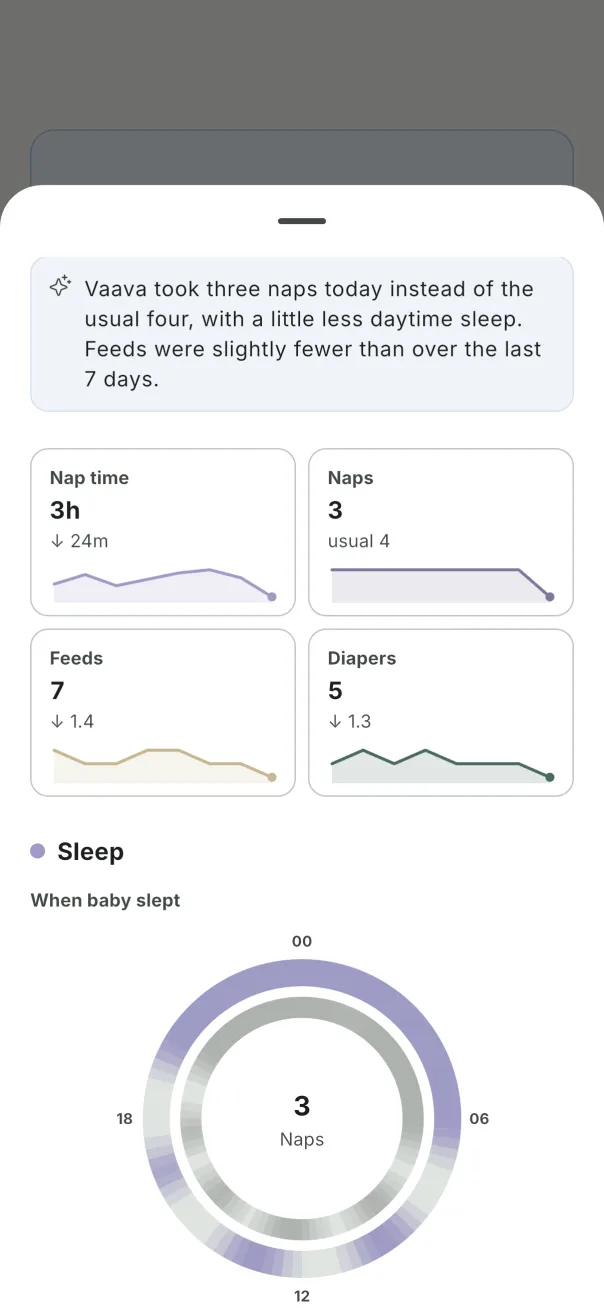 Vaava's day report with an AI summary, nap and feed changes, and a sleep clock